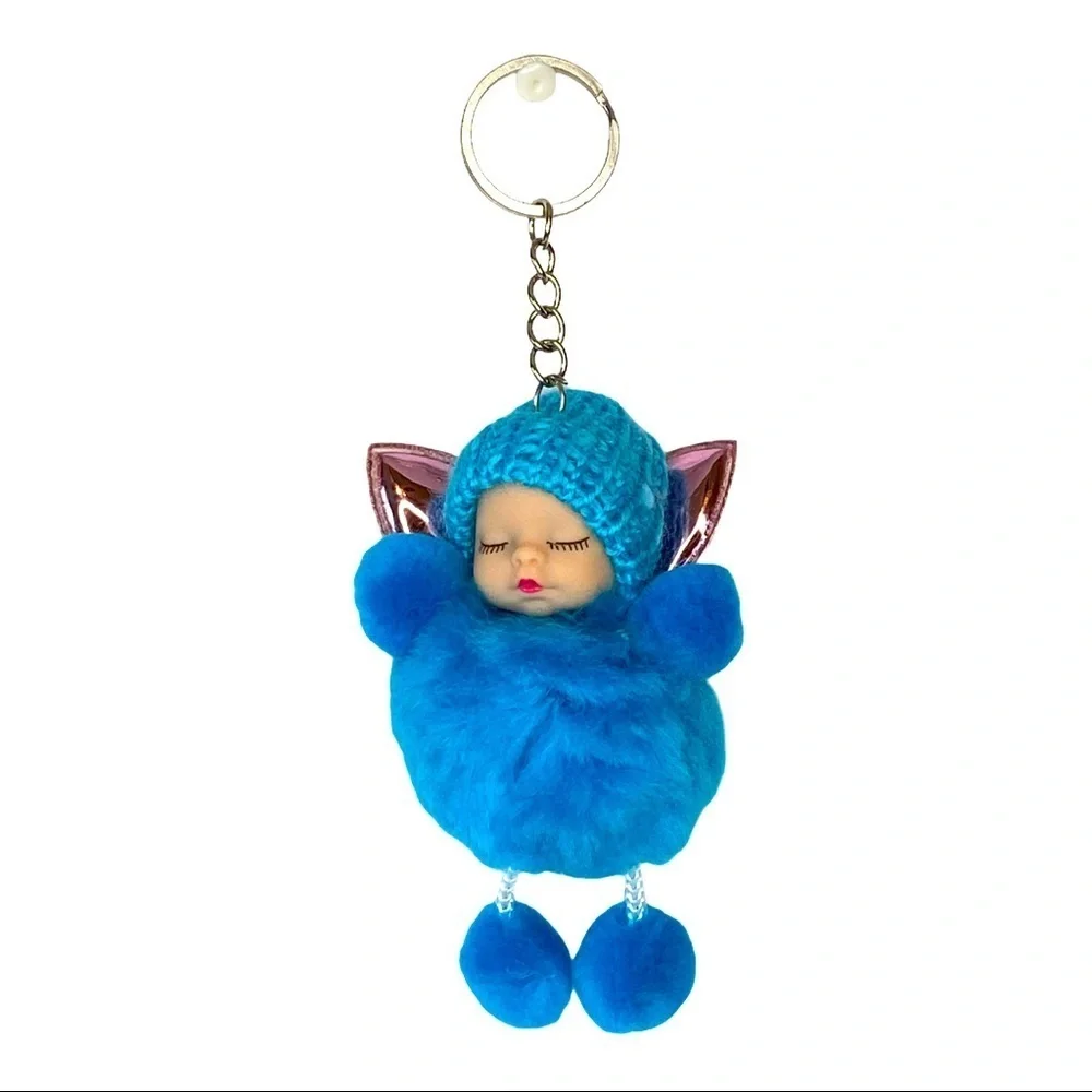 SLEEPY BABY WITH FAIRY WINGS SMALL POMPON IN BLUE KEYCHAIN CHARM‎